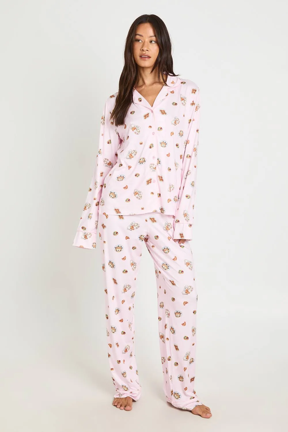 Breakfast Print Piping Detail Long Sleeve & Trouser Pyjama Set by boohoo