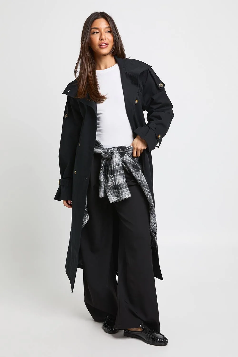 Funnel Neck Double Breasted Trench Coat by boohoo