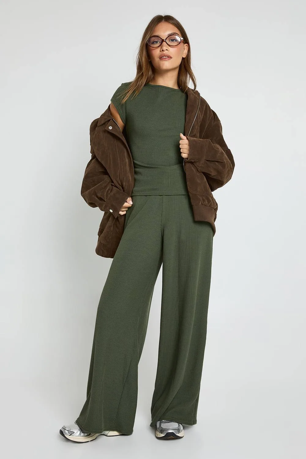 Crinkle Rib Wide Leg Trouser by boohoo