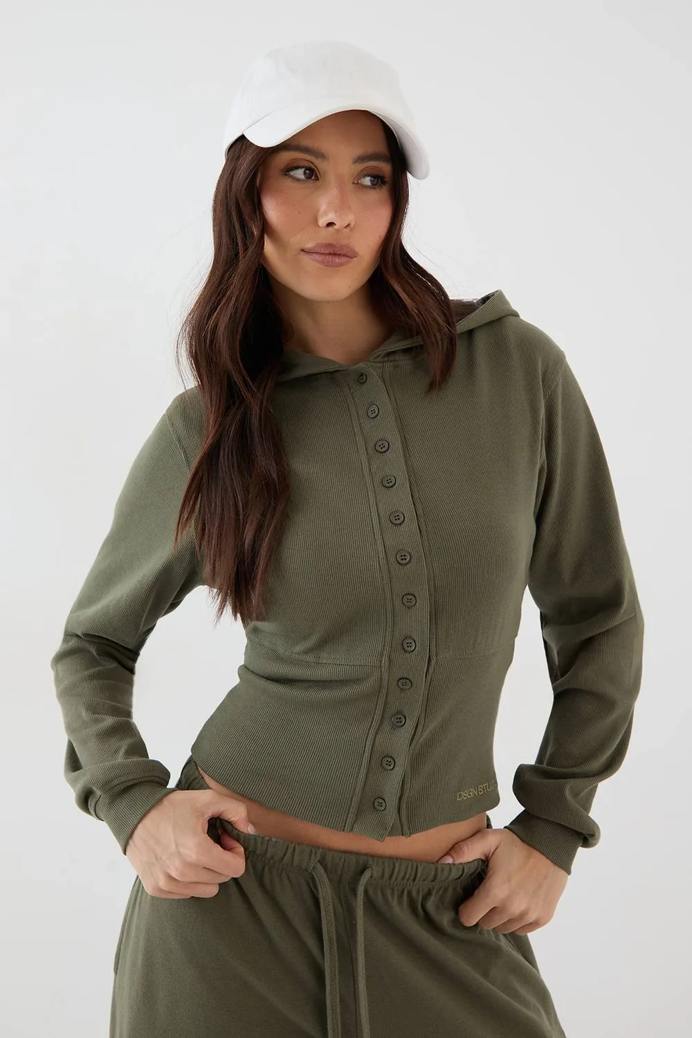 Button Through Cinched Hooded Rib Top by Dsgn Studio