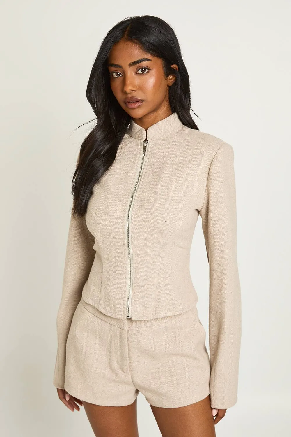 Herringbone High Neck Fitted Tailored Top by boohoo