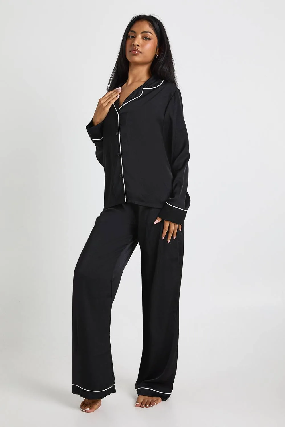Satin Piping Detail Long Sleeve Shirt & Trouser Pyjama Set