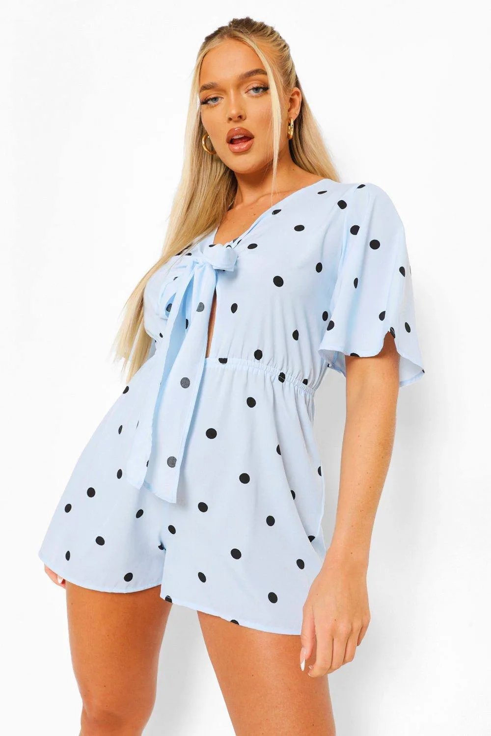 Polka Dot V Neck Tie Front Playsuit by boohoo