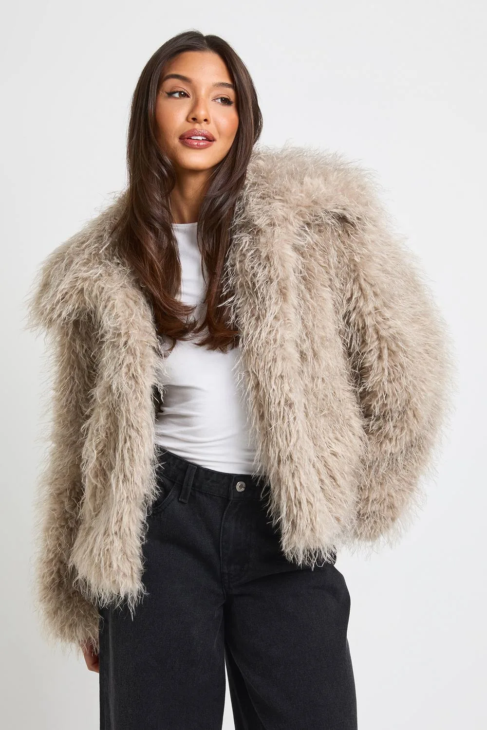 Mongolian Faux Fur Jacket - Stone by boohoo