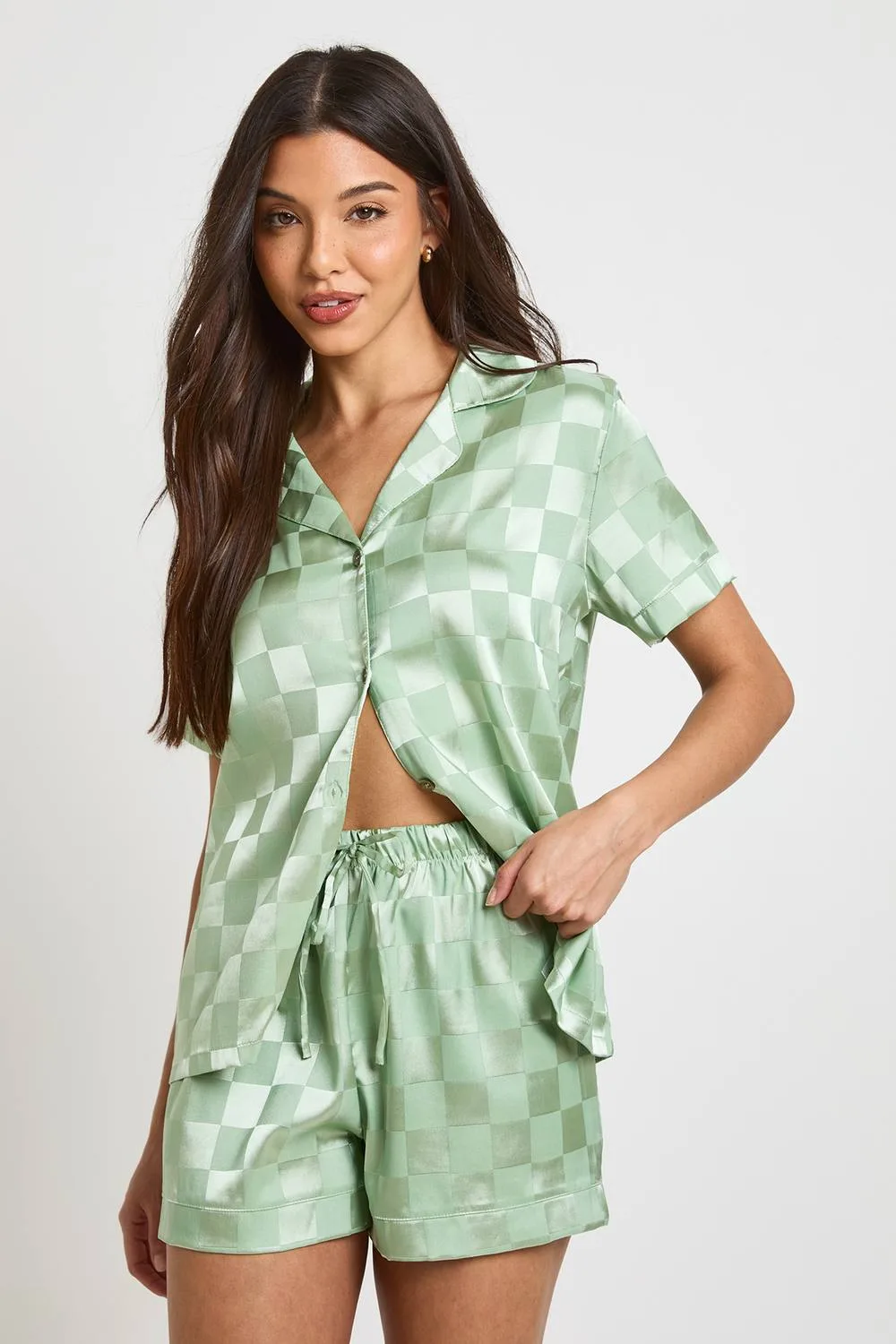 Checkerboard Jacquard Satin Short Sleeve Shirt & Short Pyjama Set by boohoo