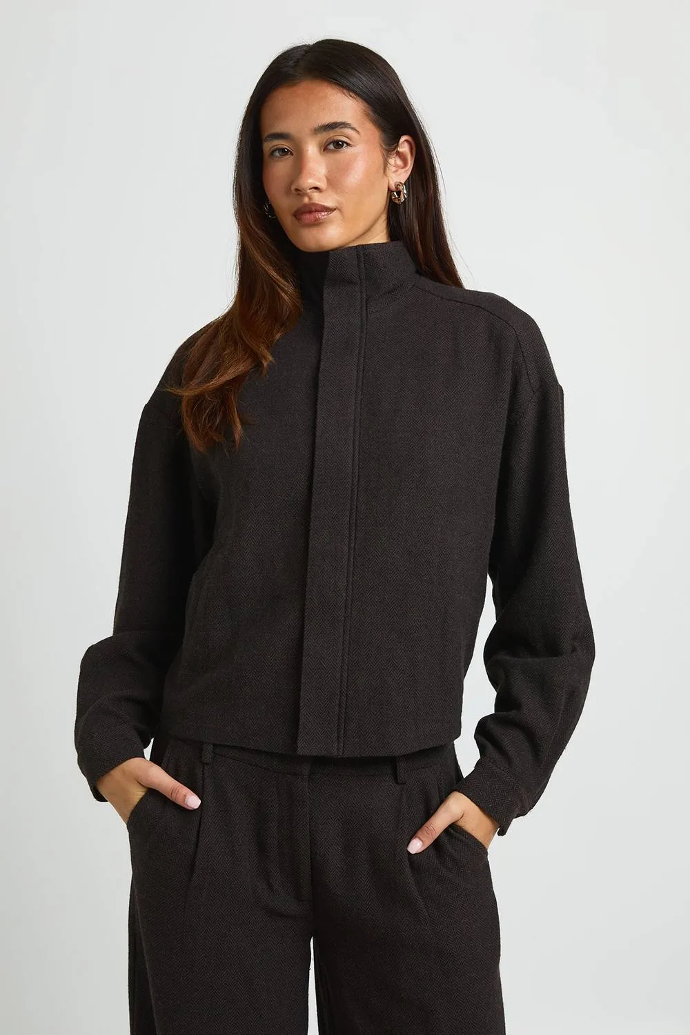 Herringbone Funnel Neck Zip Through Top by boohoo