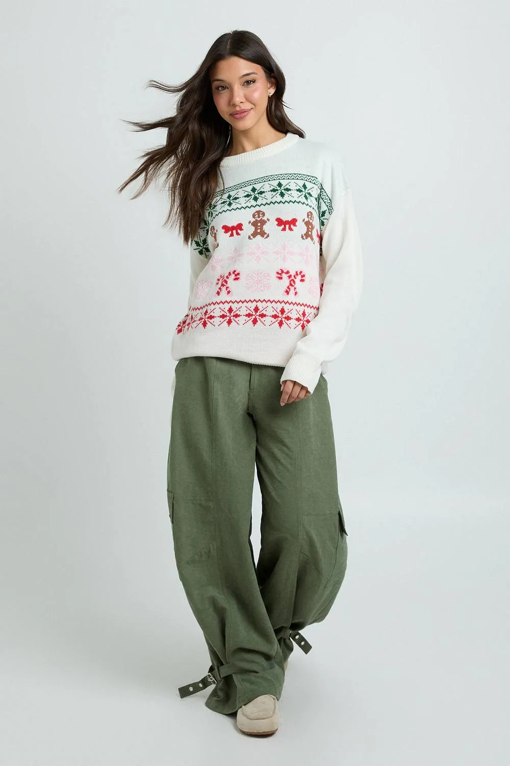 Gingerbread Man Longline Christmas Jumper by boohoo