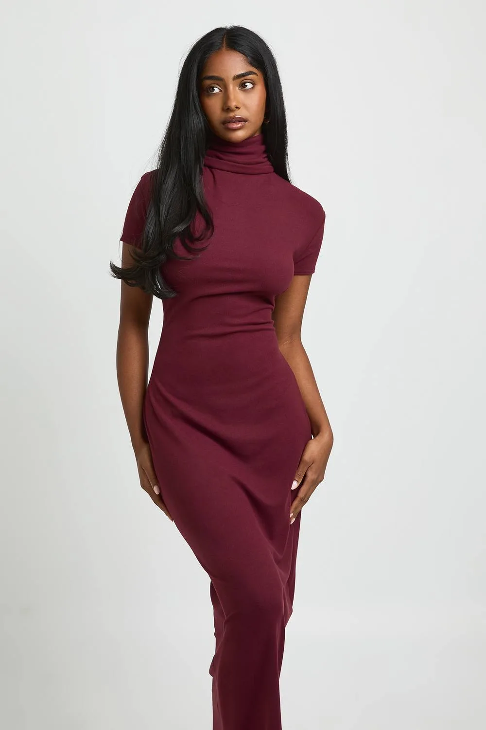 Basic Supersoft Roll Neck Cap Sleeve Midi Dress by boohoo
