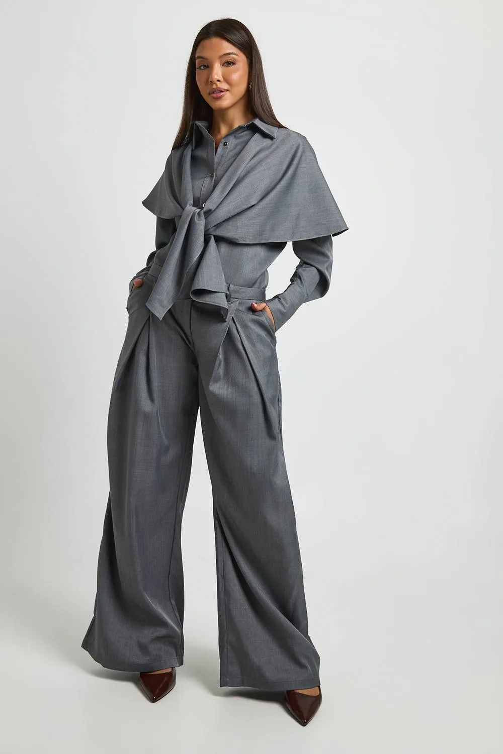 Deep Pleat Detail Wide Leg Trousers by boohoo