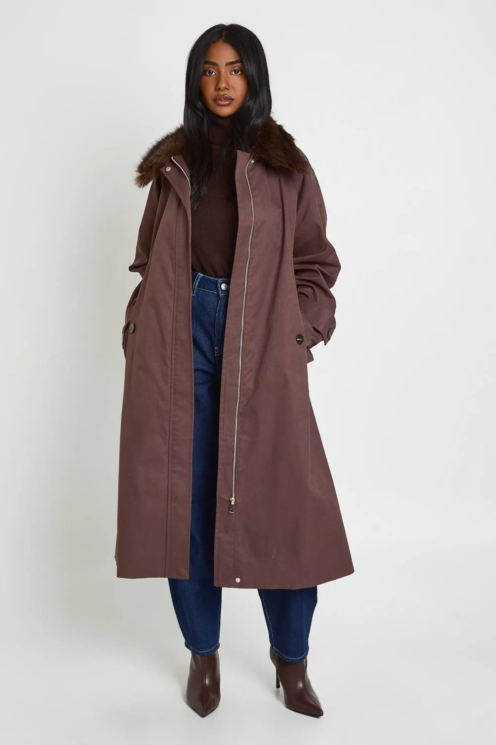 Faux Fur Trim Funnel Neck Longline Trench Coat by boohoo
