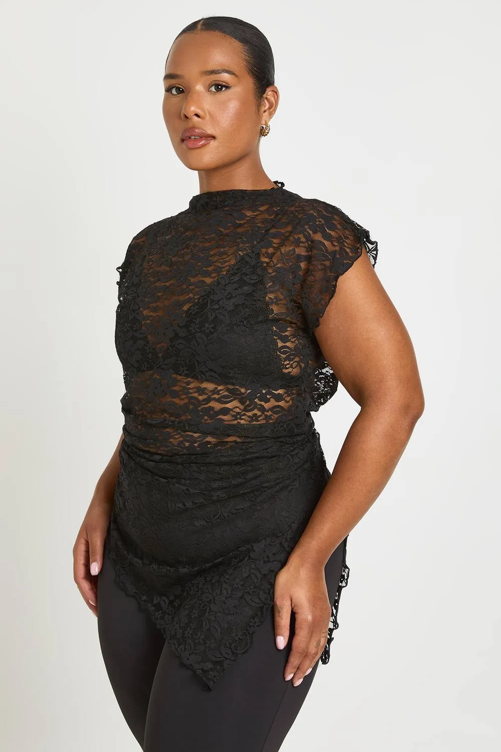 Long Line Sheer Lace Asymmetric Top by boohoo