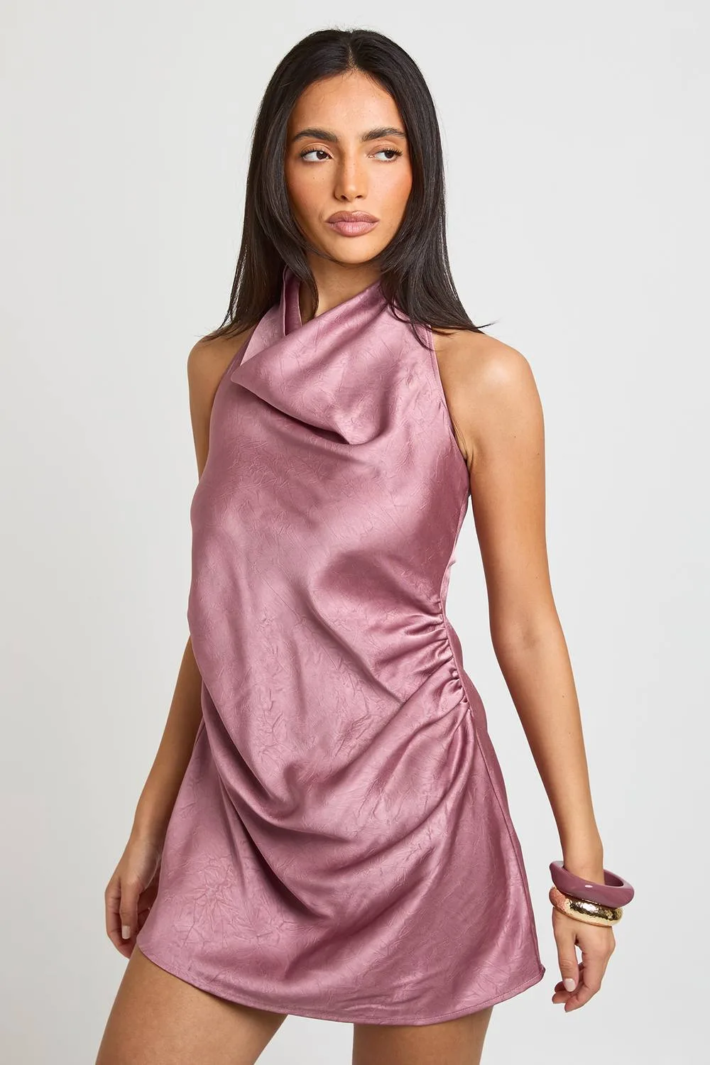 Textured Satin Halterneck Drape Detail Mini Dress