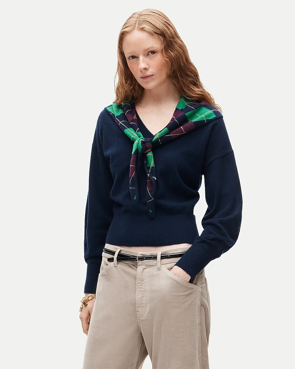 Cashmere V-Neck Sweater with Removable Argyle Scarf by J.Crew