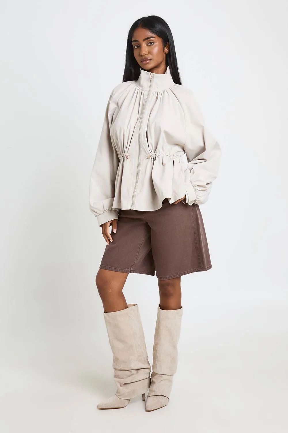 Funnel Neck Cinched Waist Jacket - Stone by boohoo