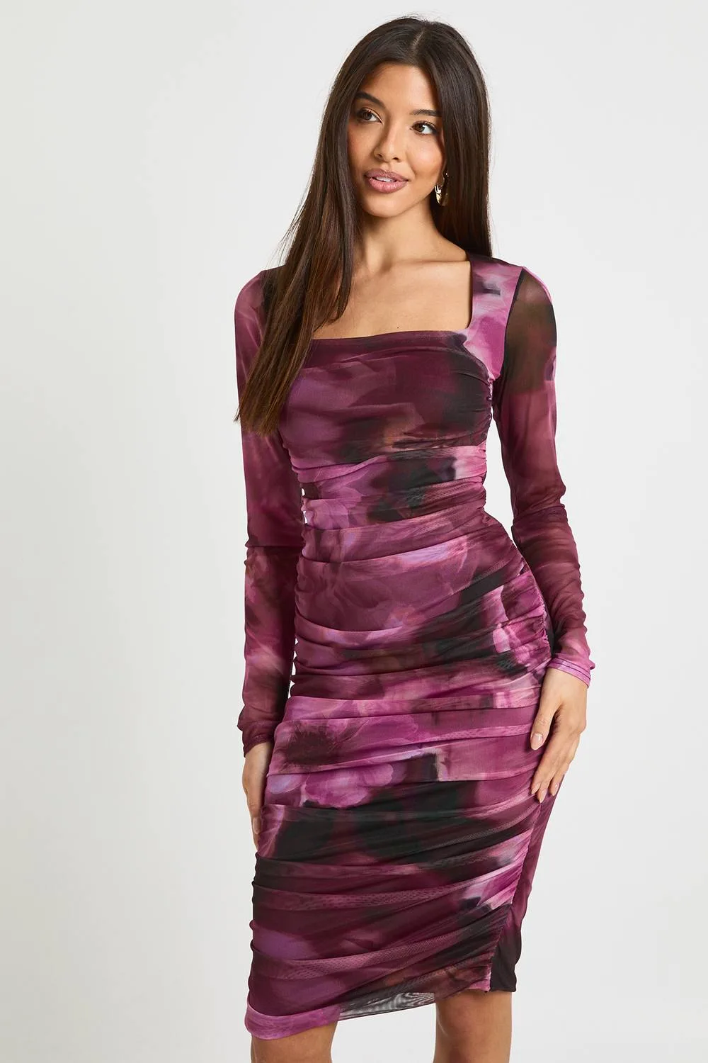 Square Neck Ruched Mesh Midi Bodycon Dress by boohoo