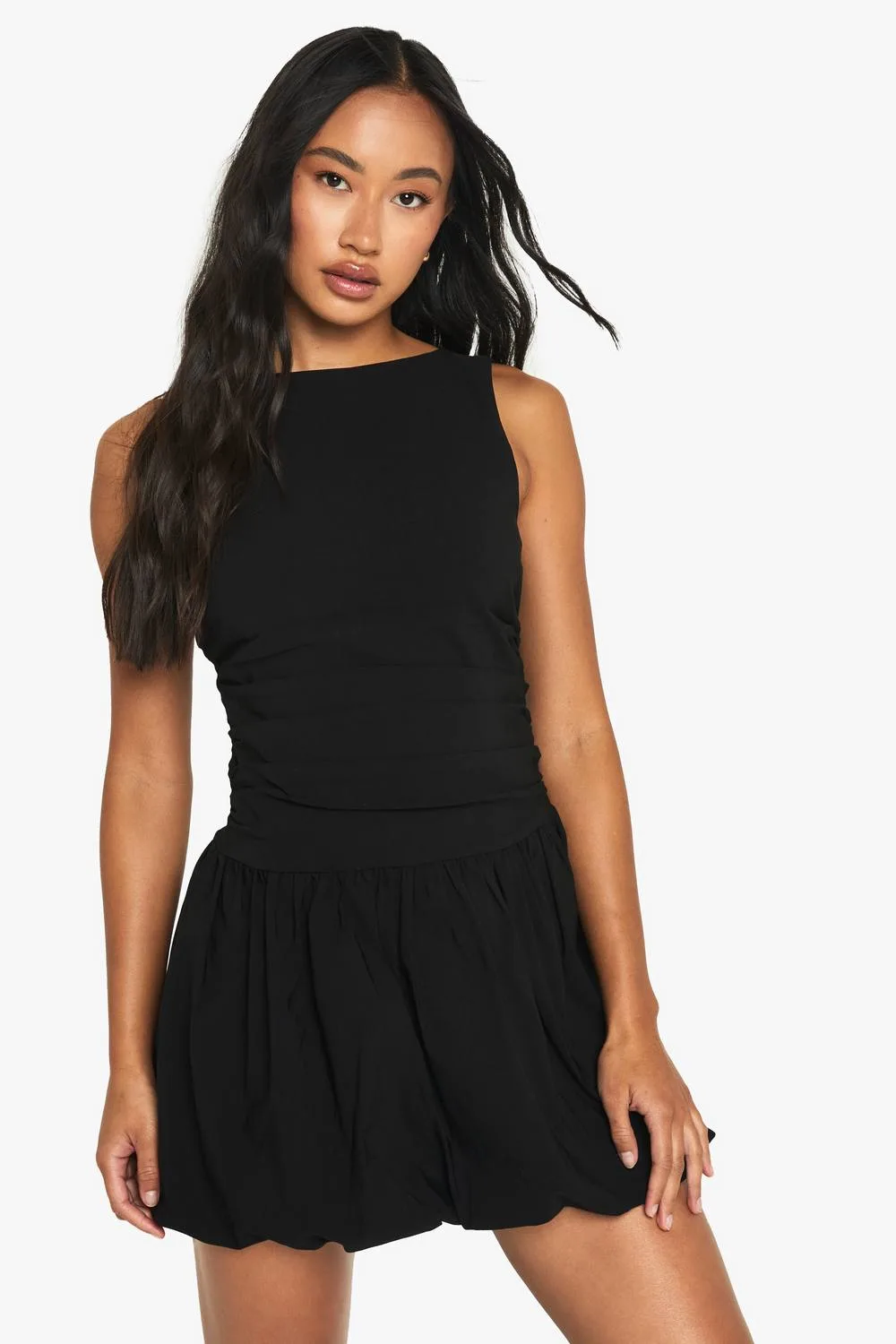 Tailored Slash Neck Puff Ball Mini Dress by boohoo