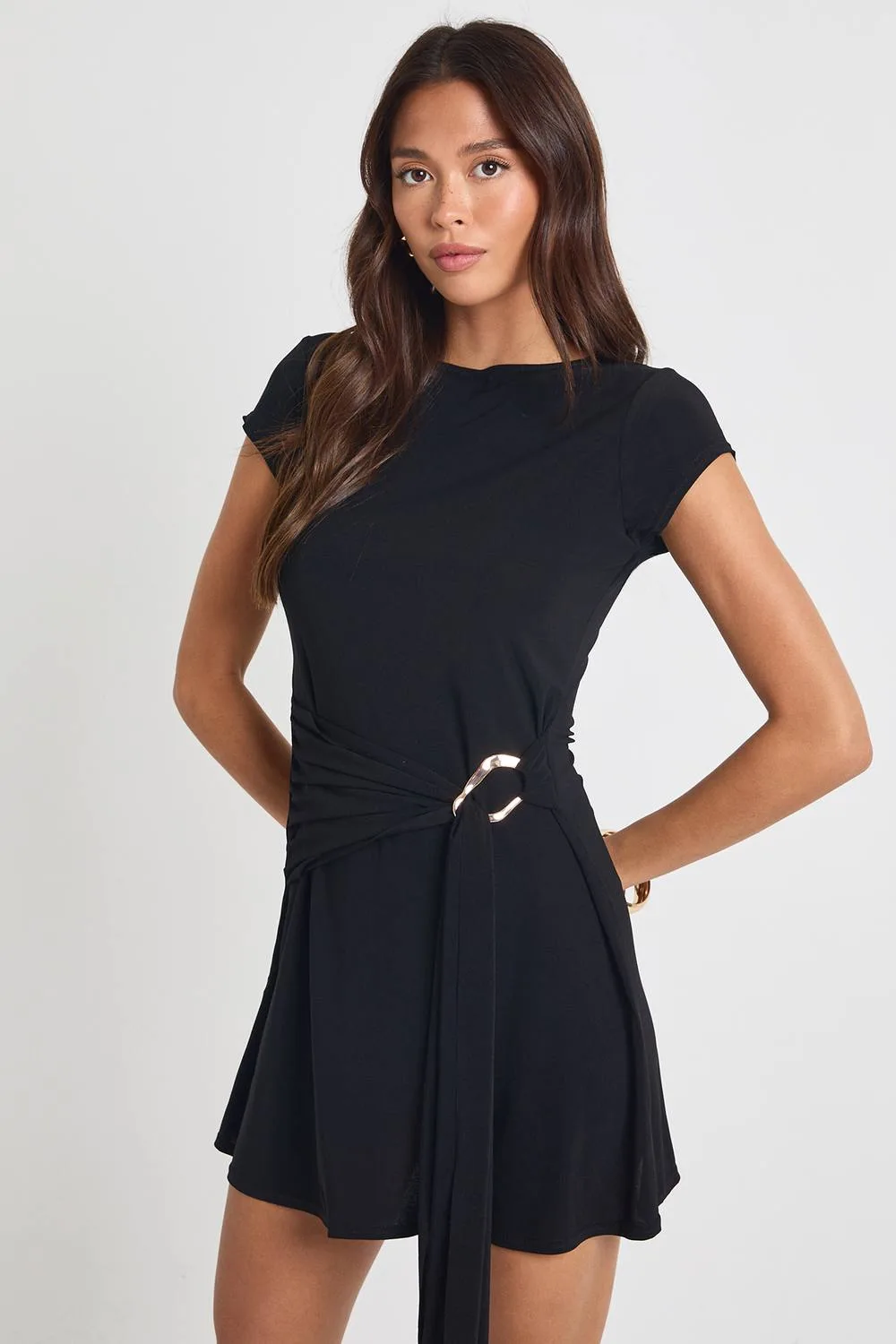 Slinky Drape Front Gold Trim Mini Dress by boohoo