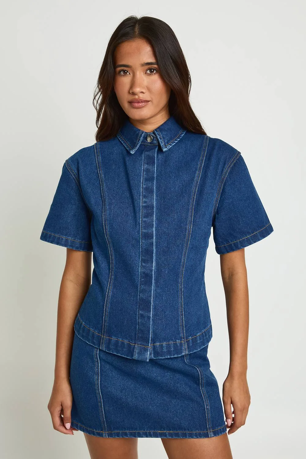 Concealed Placket Cinched Denim Shirt by boohoo
