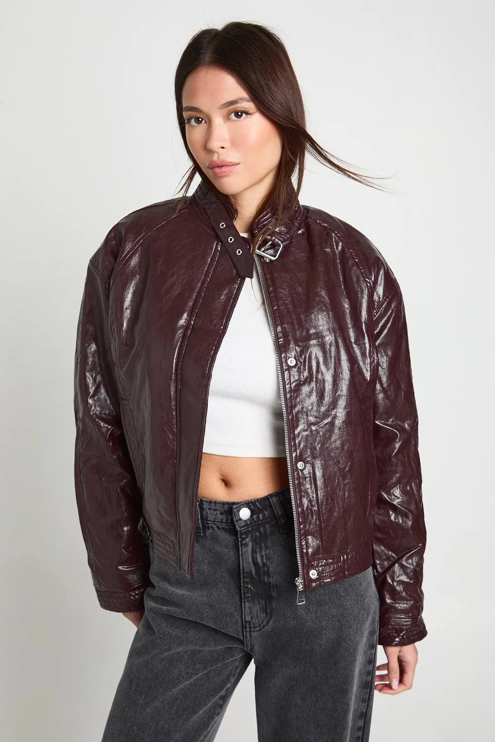 Faux Leather Bomber Jacket by boohoo