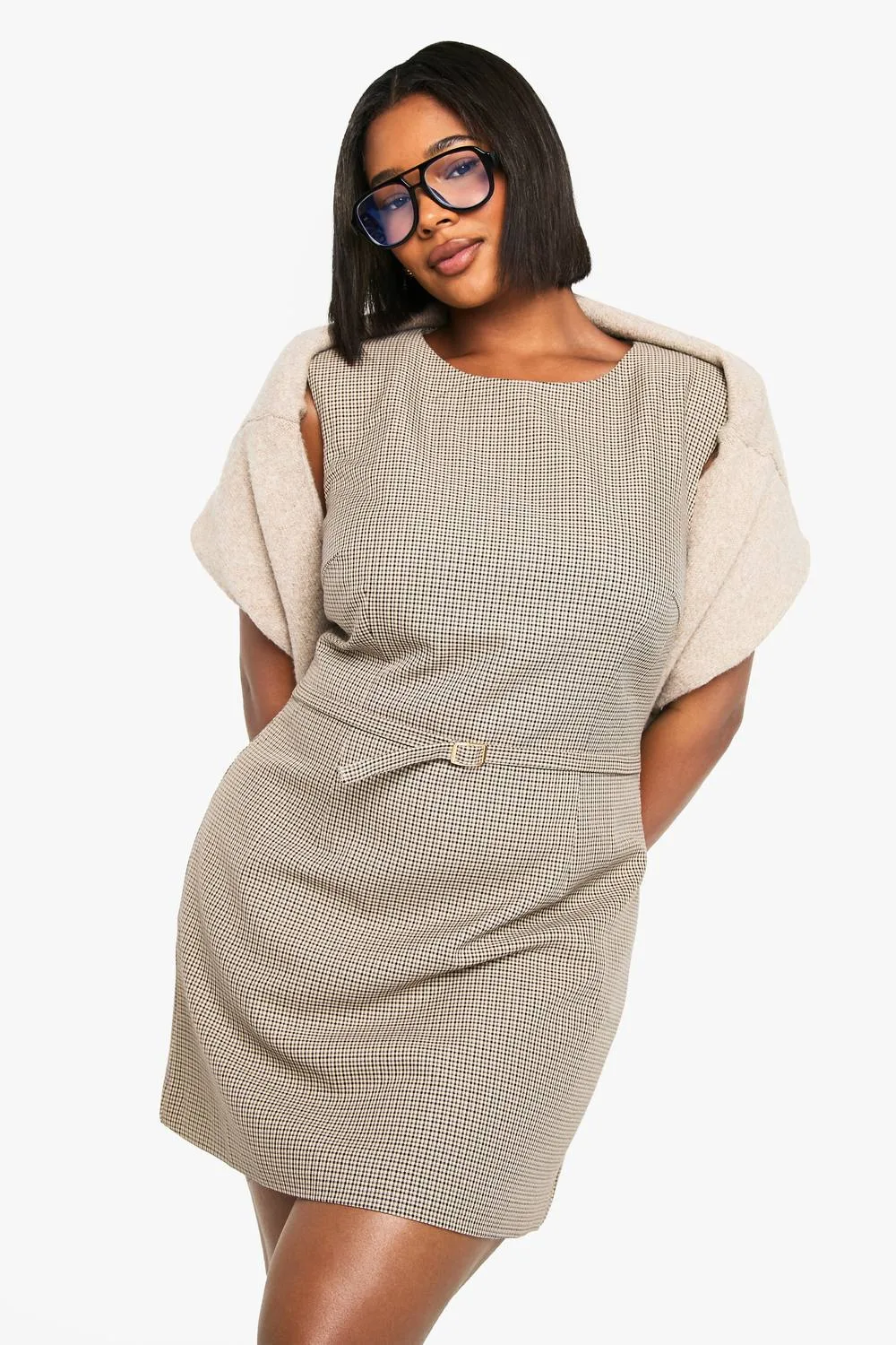 Shoulder Pad Belt Detail Shift Dress - Stone by boohoo