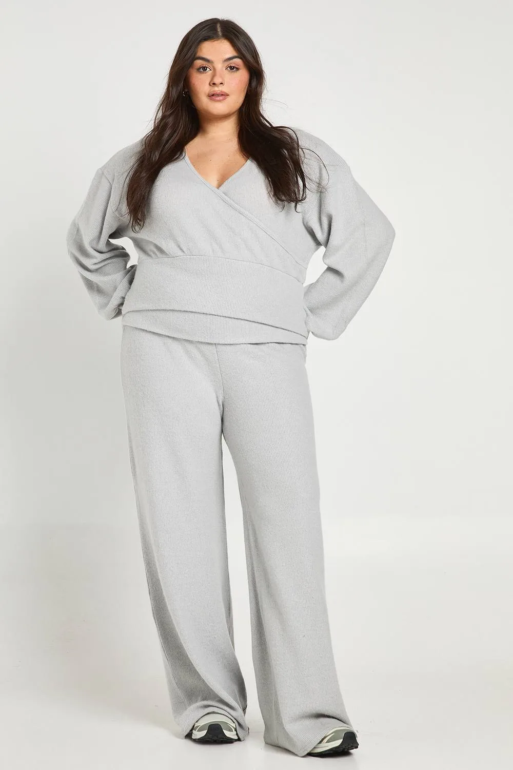 Soft Rib Cross Over Cinched Top & Fold Over Trouser Co Ord by boohoo