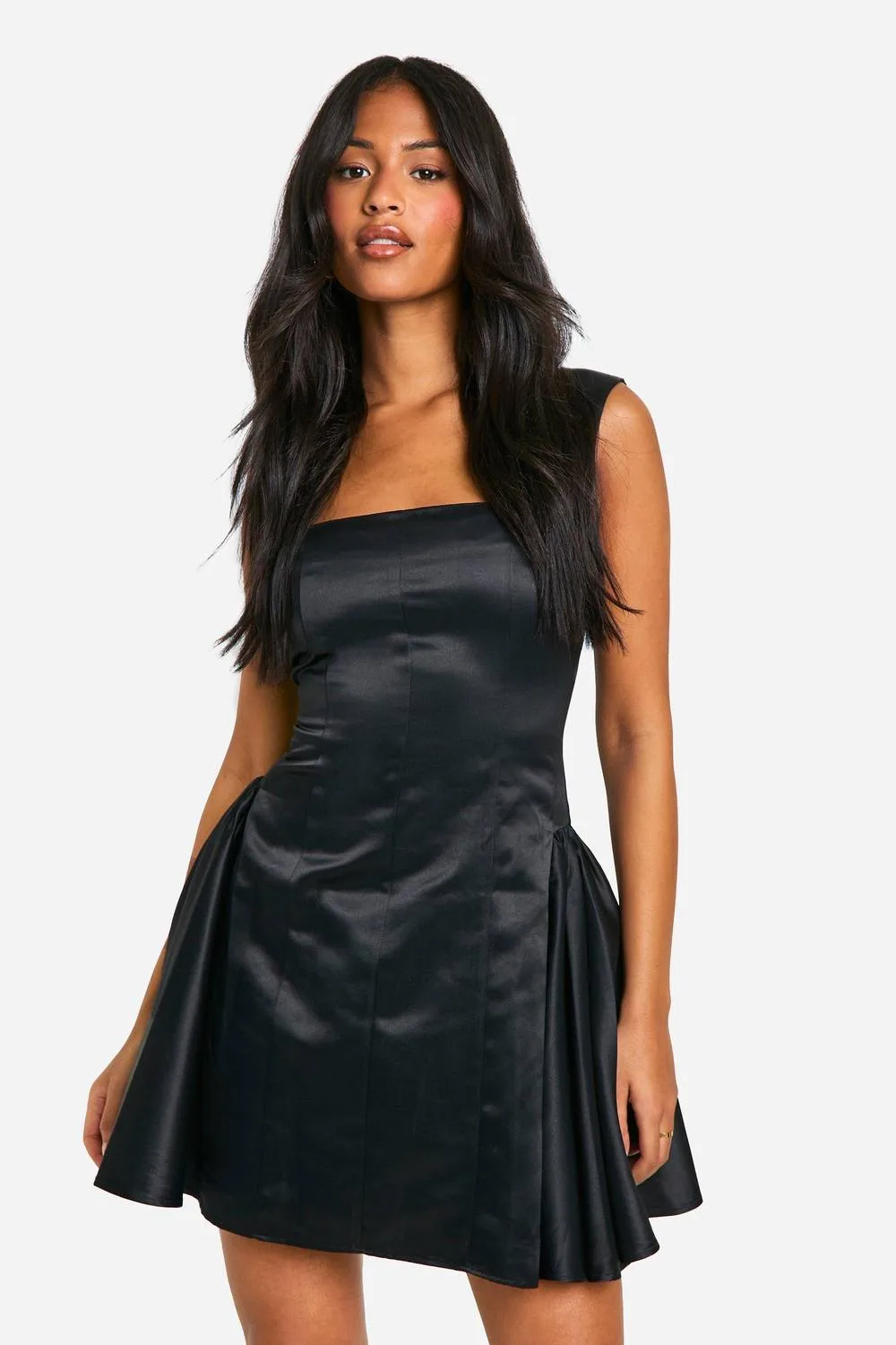 Satin Structured Square Neck Skater Dress by boohoo