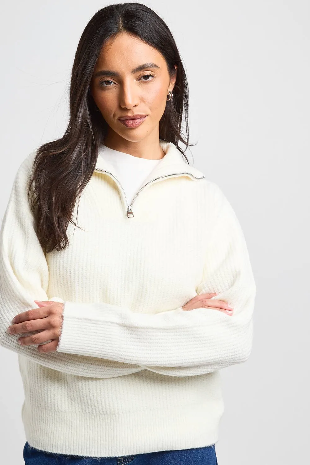 Chunky Knit Oversized Zip Neck Jumper by boohoo