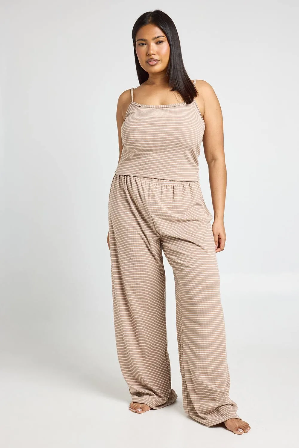 Soft Rib Stripe Cami & Trouser Pyjama Set by boohoo