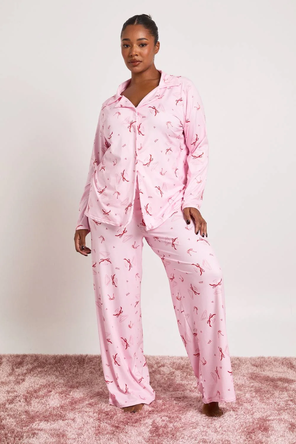 Bow Cocktail Long Sleeve Shirt & Trousers Pyjama Set by boohoo