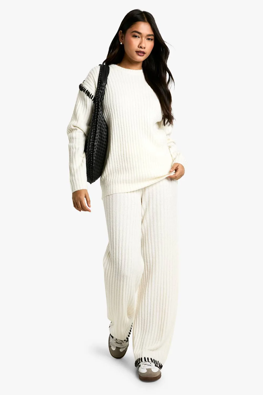 Premium Heavyweight Contrast Trim Jumper & Trouser Knitted Set by boohoo