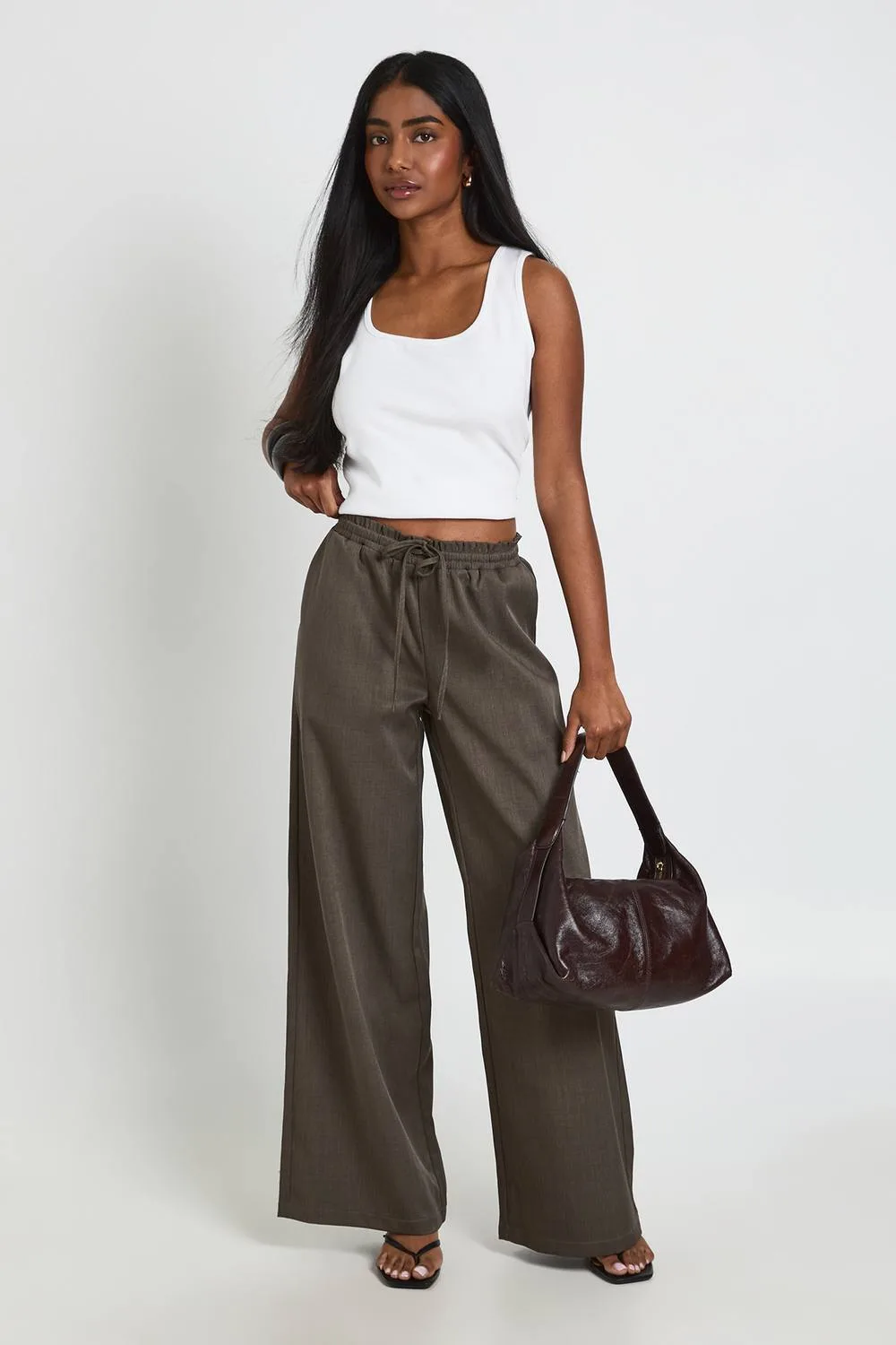 Drawstring Waist Woven Wide Leg Trousers by boohoo