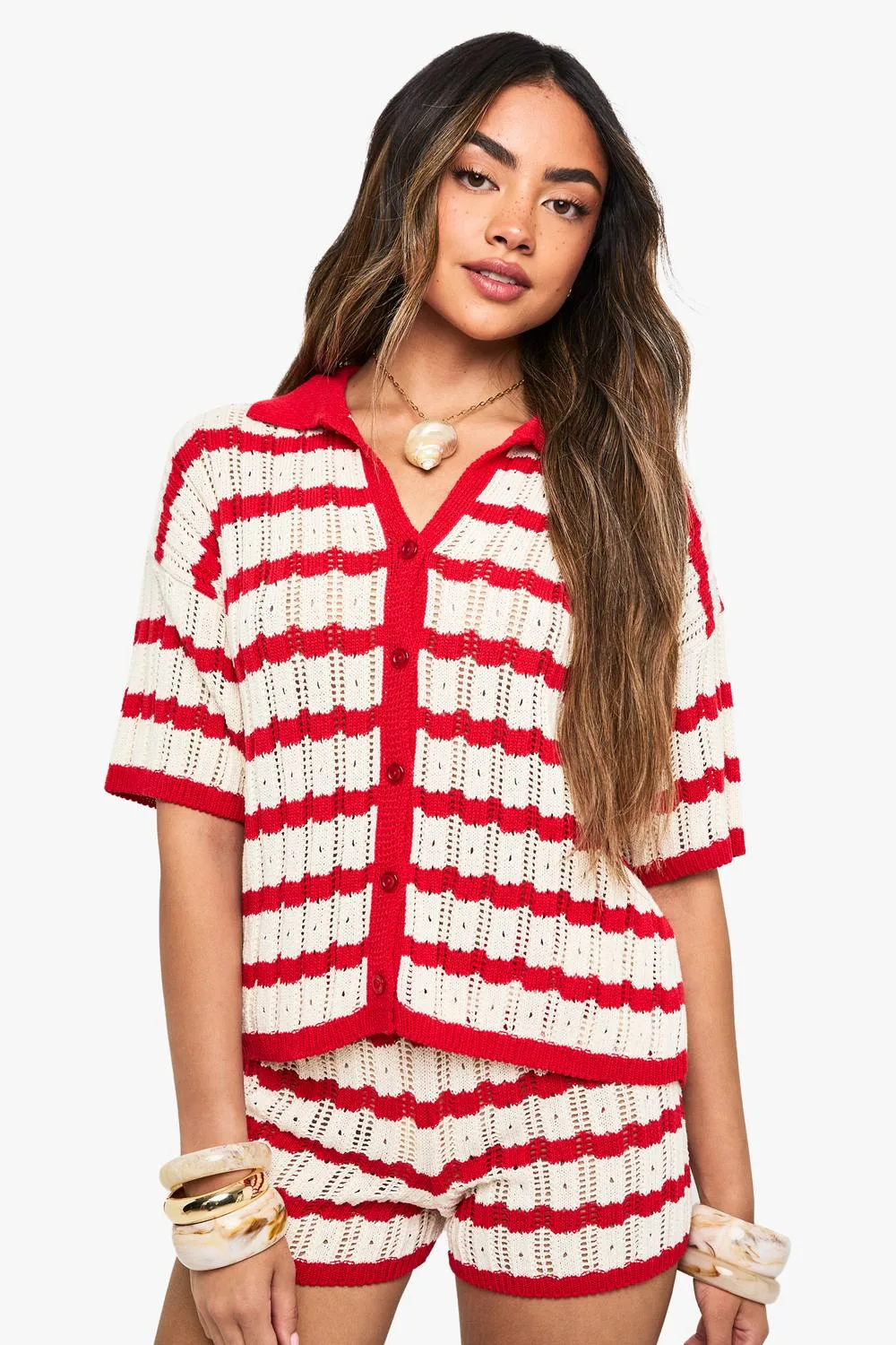 Crochet Stripe Collared Shirt & Short Co-Ord by boohoo