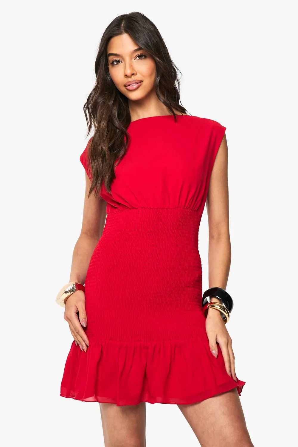 Shirred Waist Ruffle Hem Mini Dress by boohoo