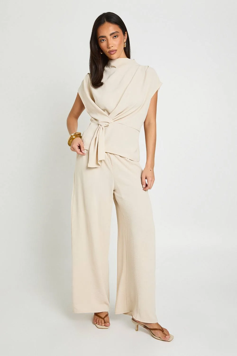 Hammered Knot Front Cowl Neck Blouse Wide Leg Trouser Co-Ord