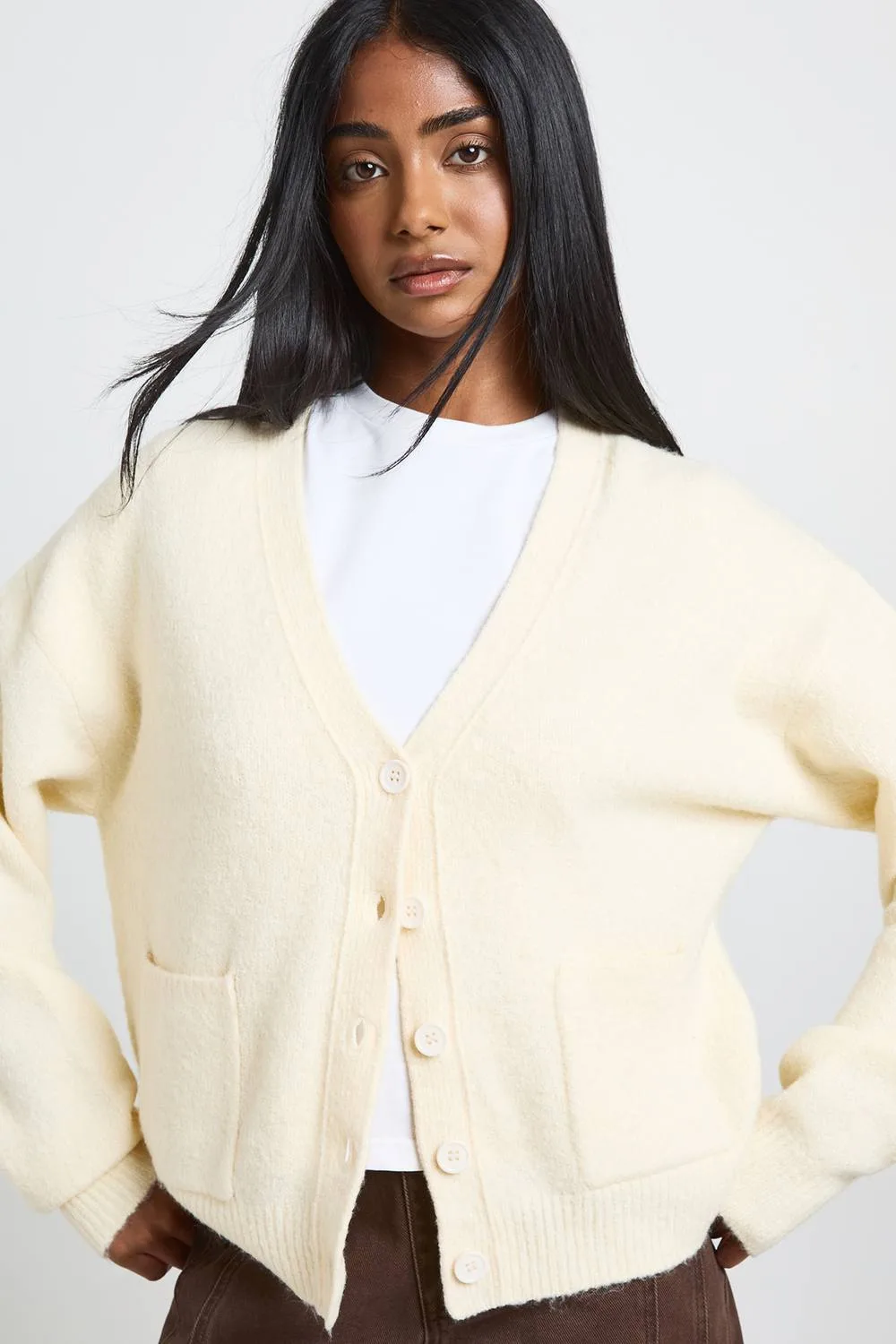 Soft Knit Pocket Detail V Neck Cardigan
