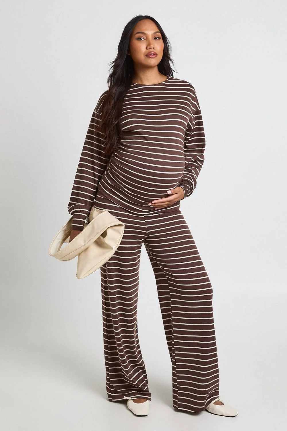 Maternity Soft Stripe Wide Leg Trousers by boohoo