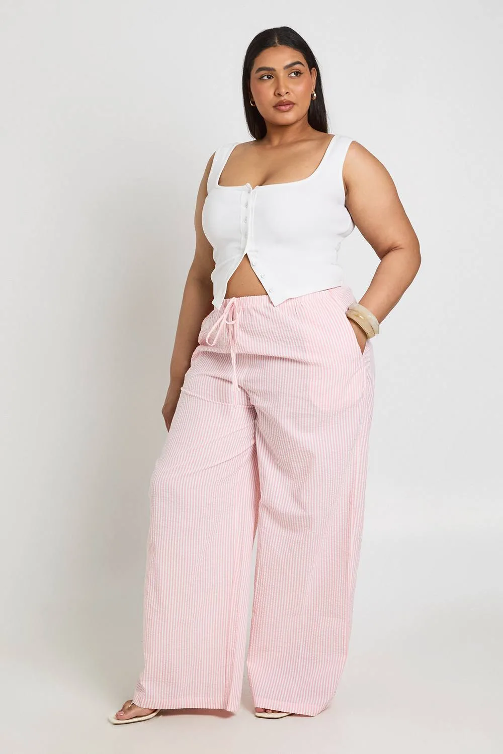 Stripe Drawstring Wide Leg Trouser