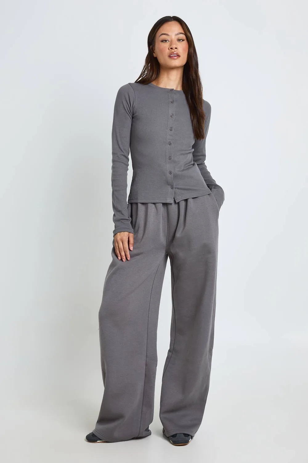 Rib Button Through Long Sleeve Top Tracksuit