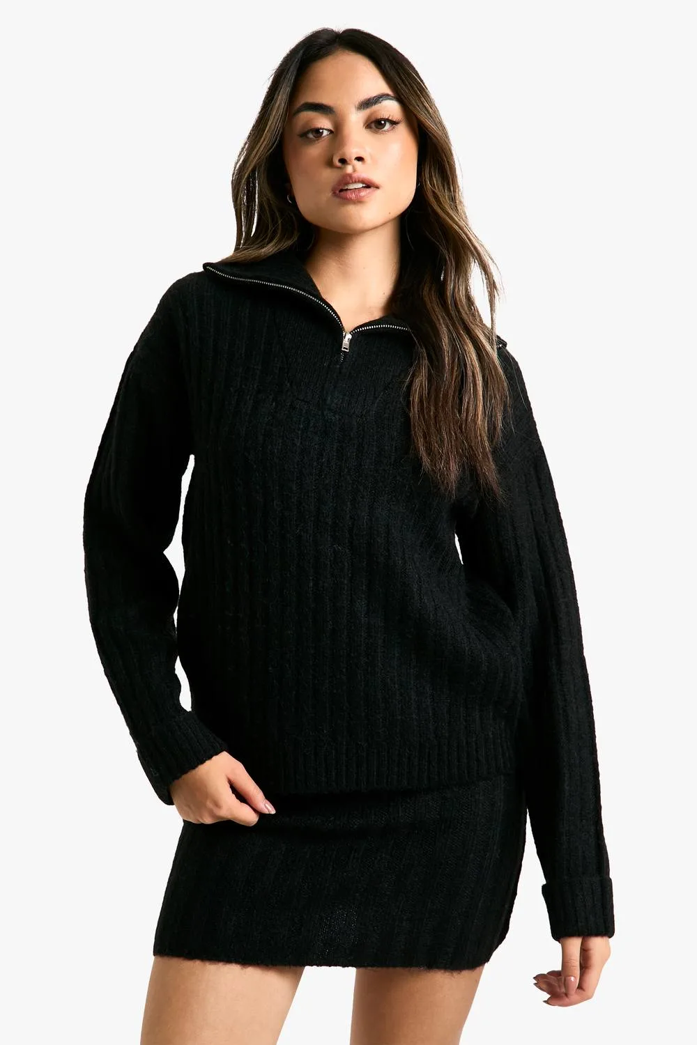 Soft Knit Thick Rib Zip Neck Oversized Jumper & Mini Skirt Set by boohoo