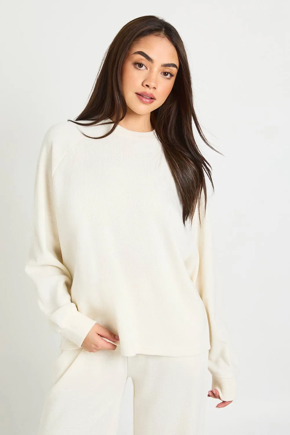 Waffle Raglan Sleeve Oversized Long Sleeve T-Shirt by boohoo