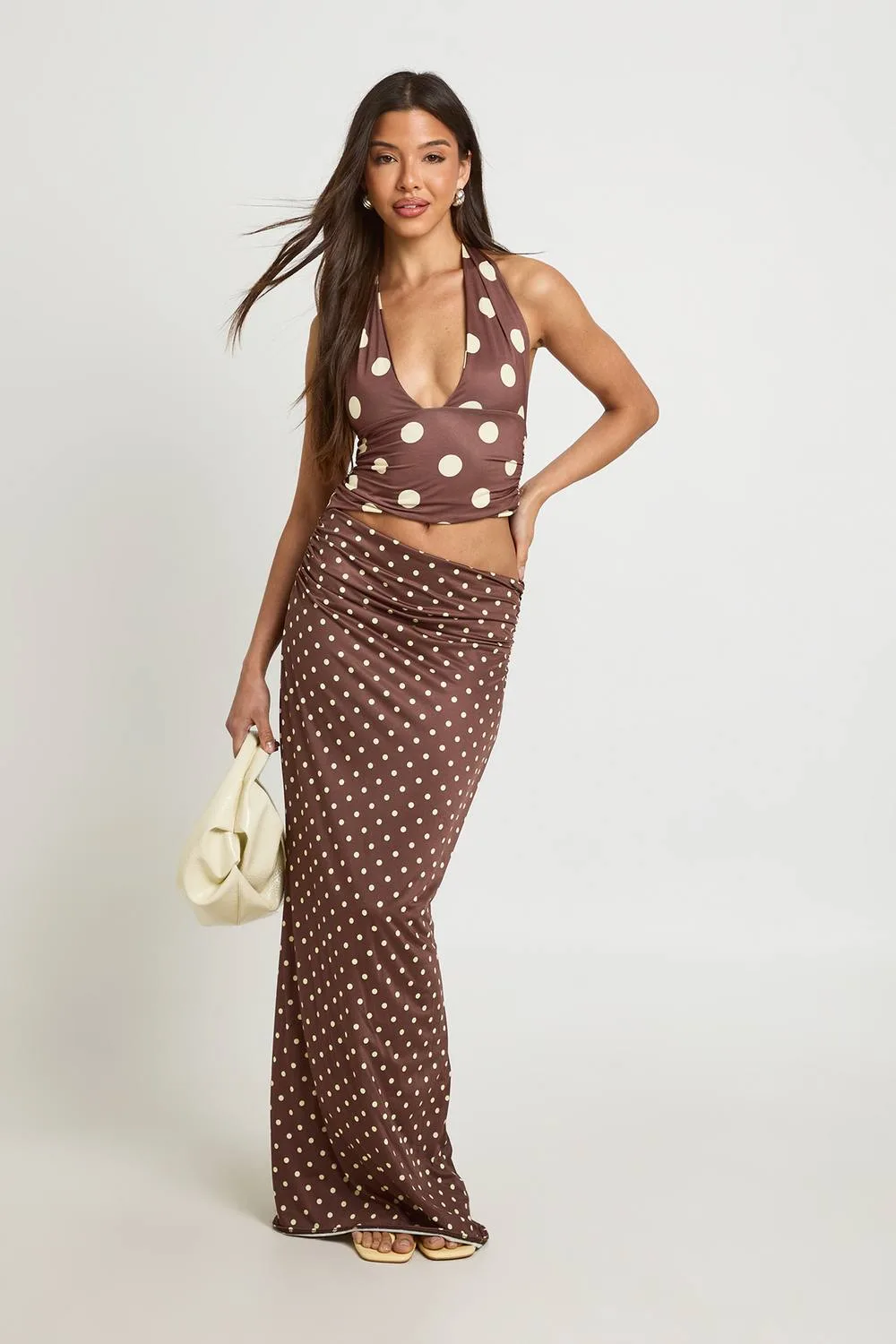Tonal Polka Dot Halter Maxi Dress with Cutwork Waist by boohoo