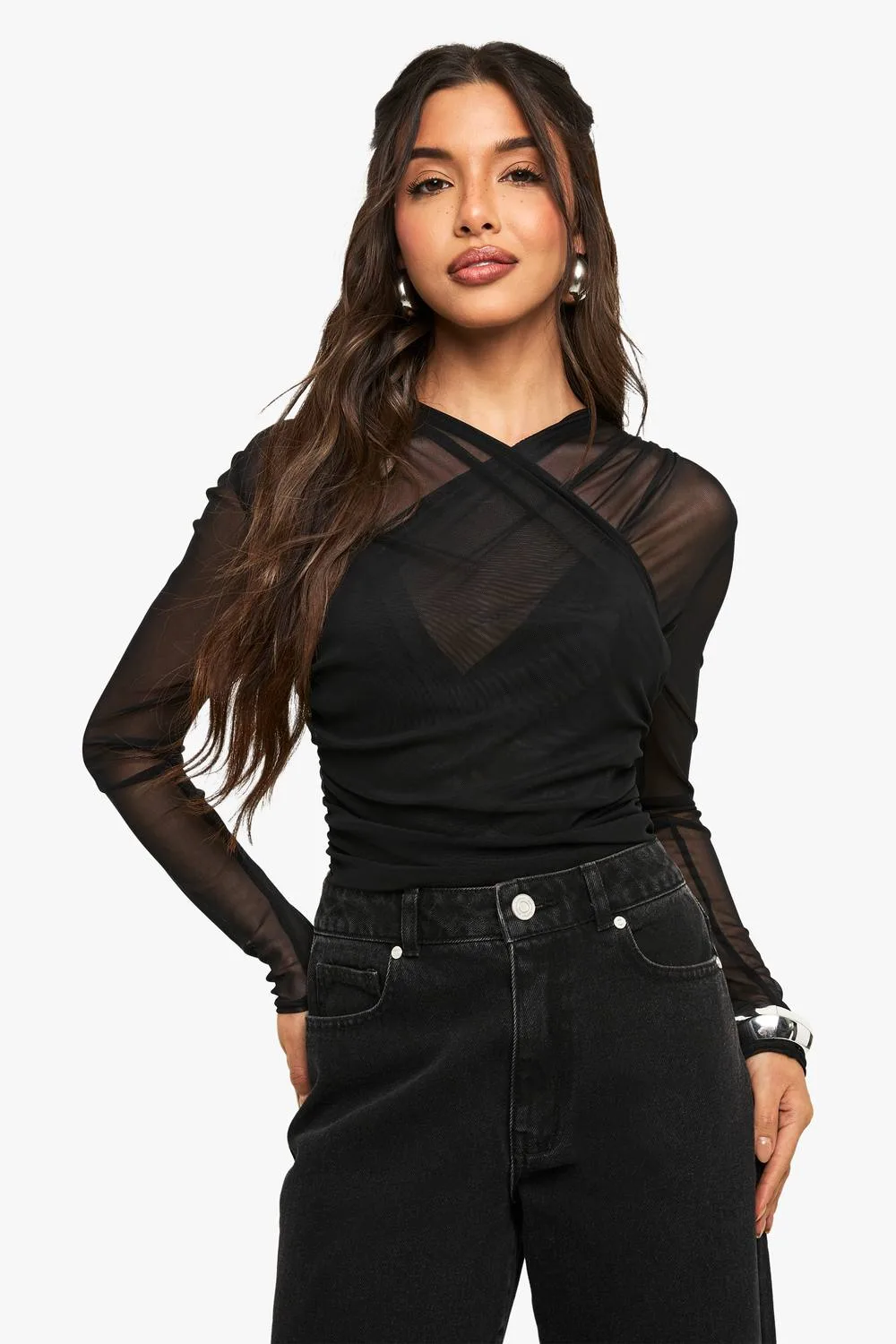 Mesh Cross Over Bodysuit by boohoo