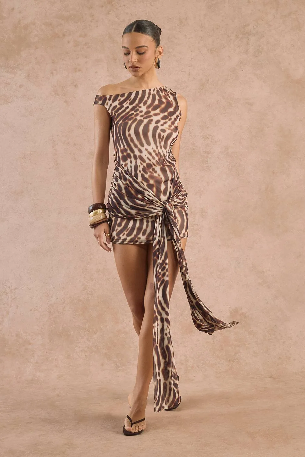 Animal Print Asymmetric Shoulder Tie Front Mini Dress by boohoo