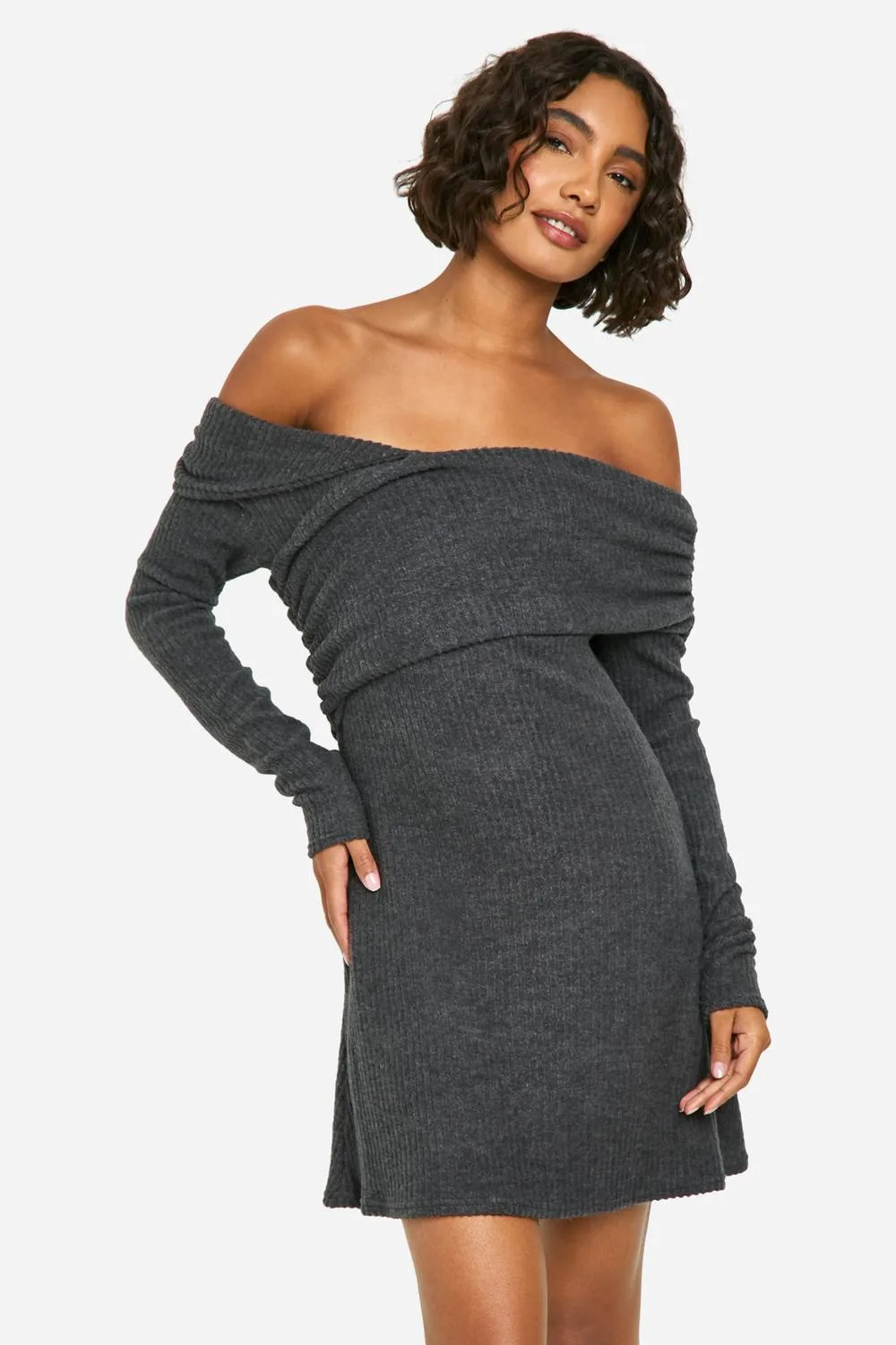 Brushed Rib Asymmetric Mini Dress by boohoo