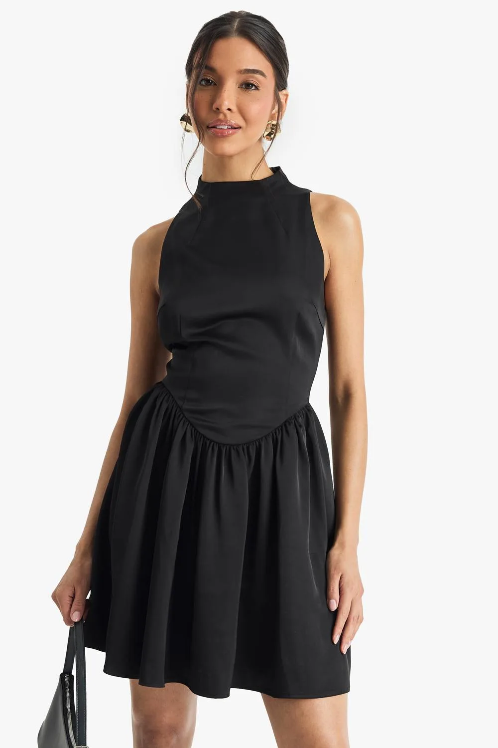 Premium Satin High Neck Volume Mini Dress by boohoo