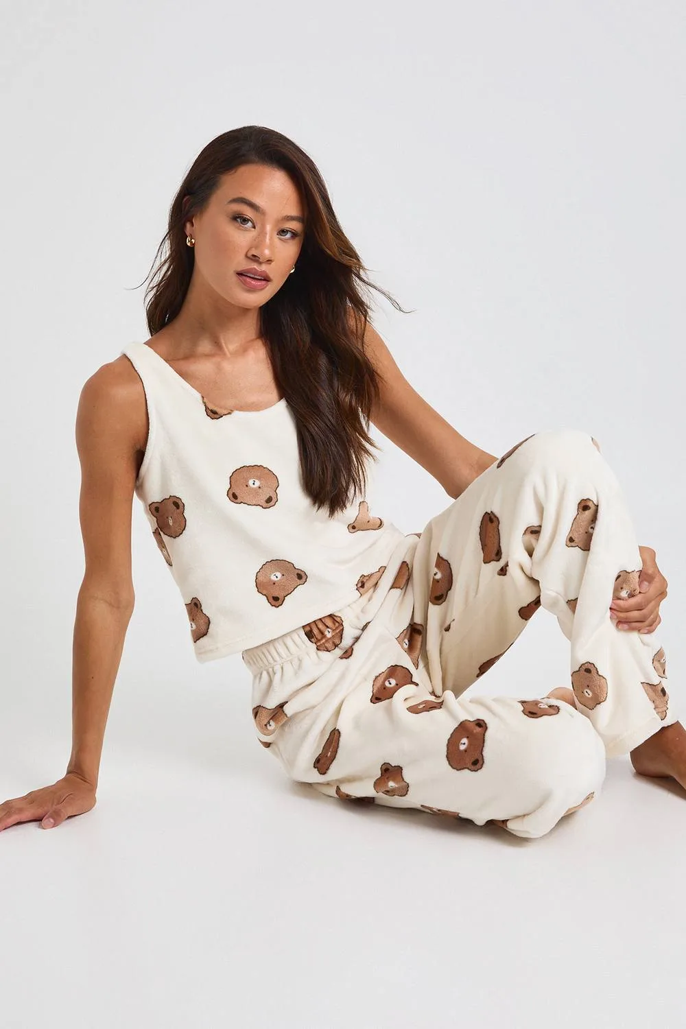 Bear Print Fleece Cami Top & Wide Leg Trousers Lounge Set by boohoo