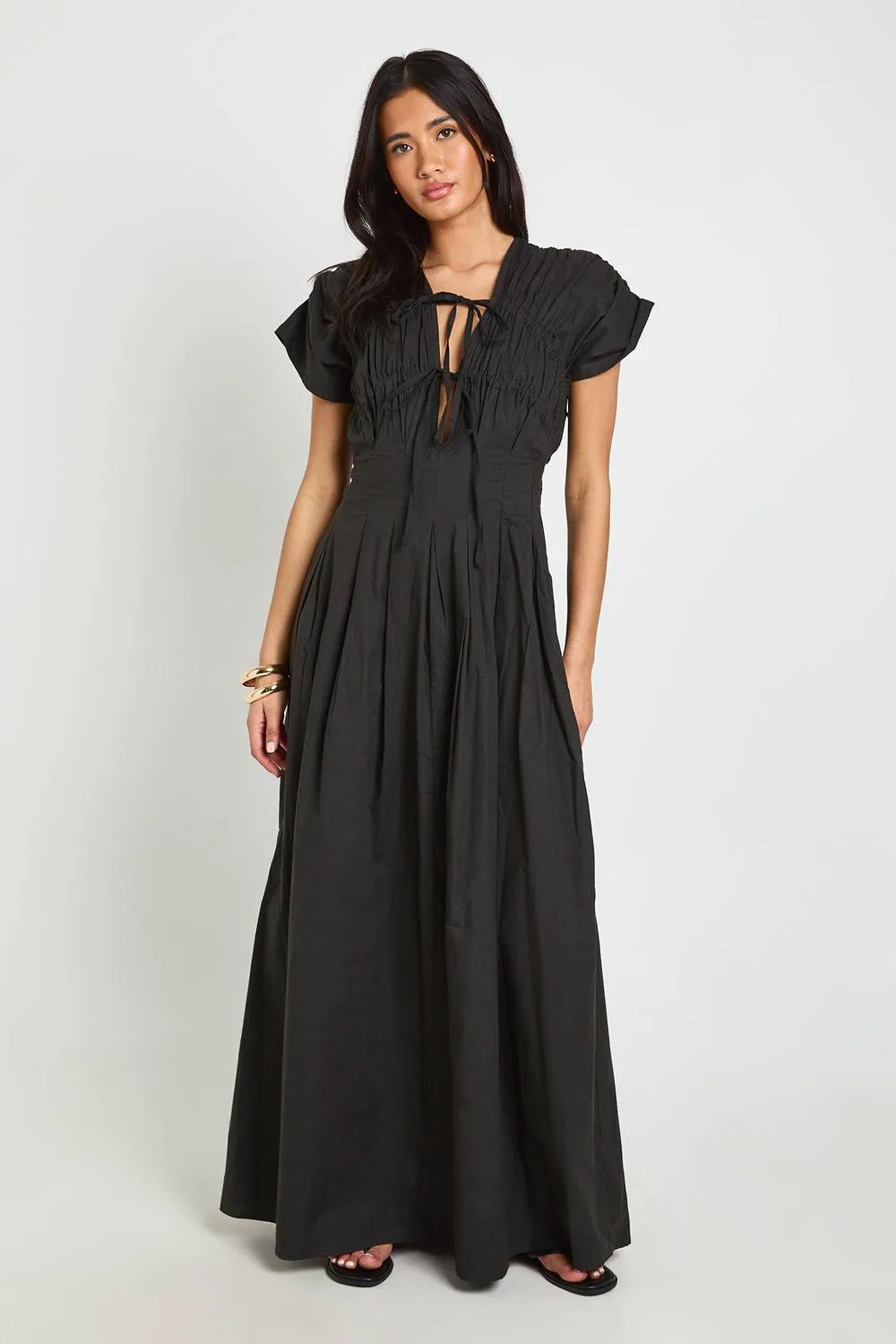 Cotton Poplin Ruched Tie Waist Detail Maxi Dress by boohoo