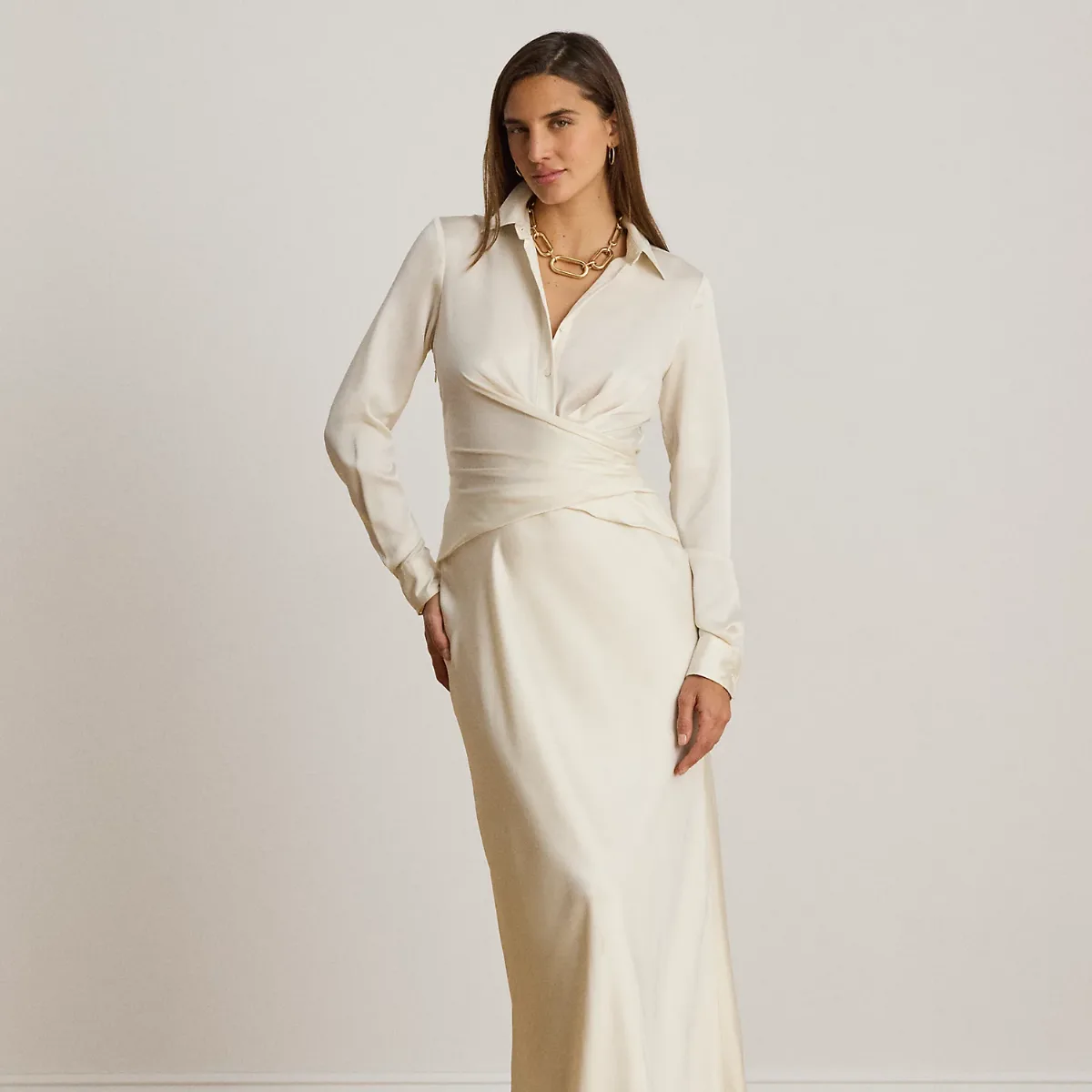 Pleated Button-Up Charmeuse Gown