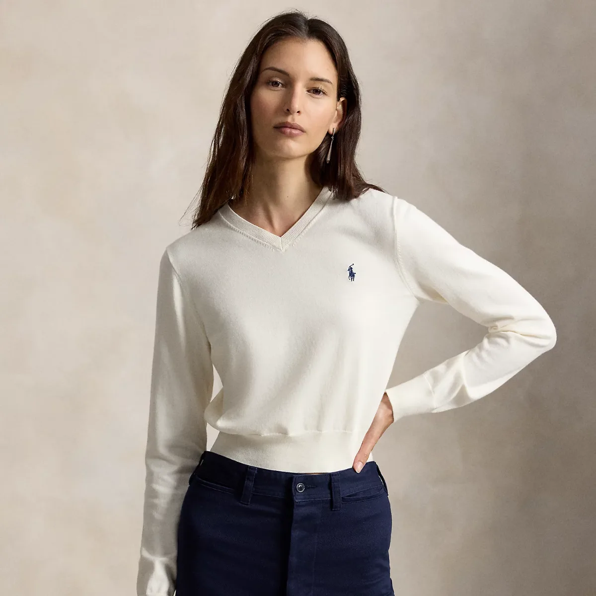 Cotton-Blend Shrunken V-Neck Jumper