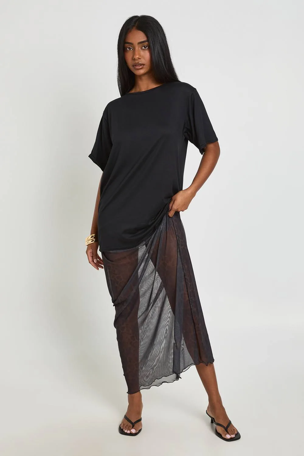 Leopard Printed Mesh Hem T-Shirt Dress by boohoo